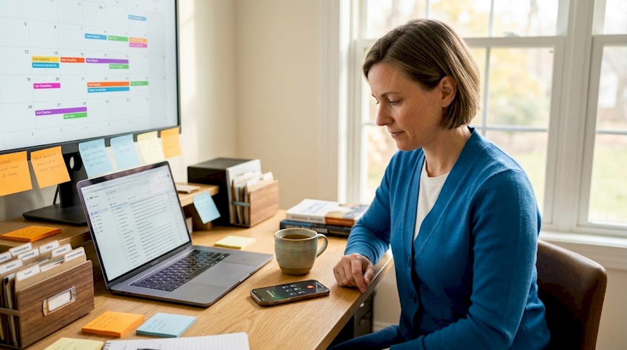 Small business owner juggling papers and laptop
