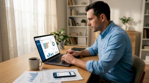 Businessman using CRM software at desk