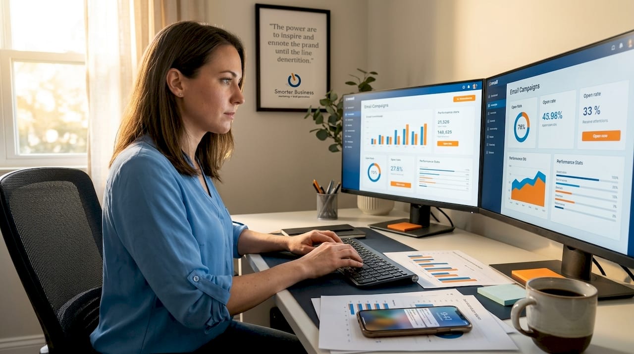 1780303400185_Woman-working-on-email-marketing-automation-dashboard Woman working on email marketing automation dashboard