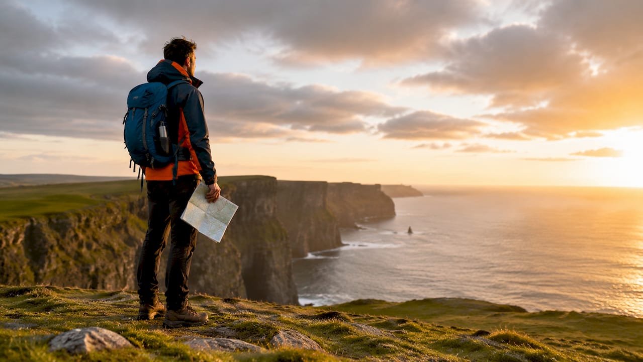 1781919314301_Traveler-overlooking-Cliffs-of-Moher-coastline Traveler overlooking Cliffs of Moher coastline
