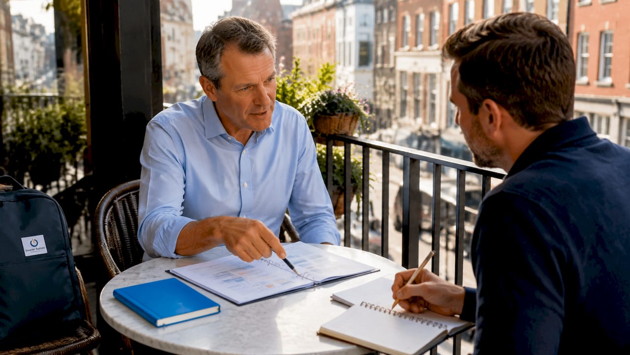 Irish consultant advising business owner at table