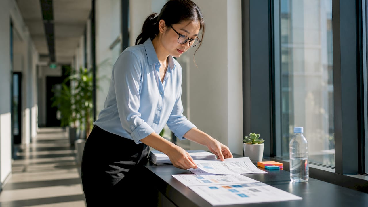 Woman arranging CRM workflow documents in SME office