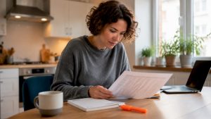 Woman using CRM software at home office desk