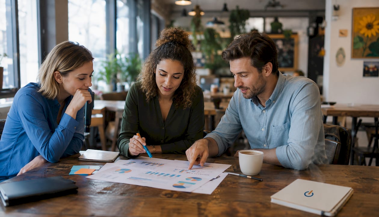 Hands pointing at CRM report charts on meeting table