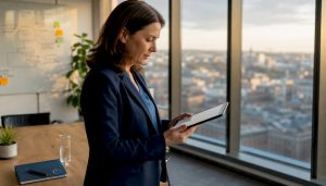 Manager analyzing CRM data on tablet in office