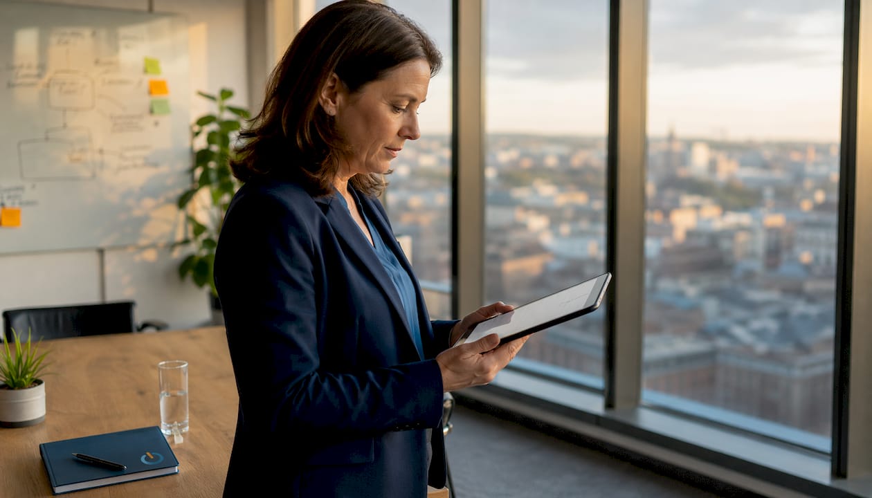 Manager analyzing CRM data on tablet in office