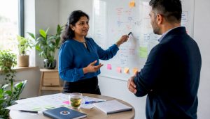 Businesswoman discussing CRM project scope with colleague