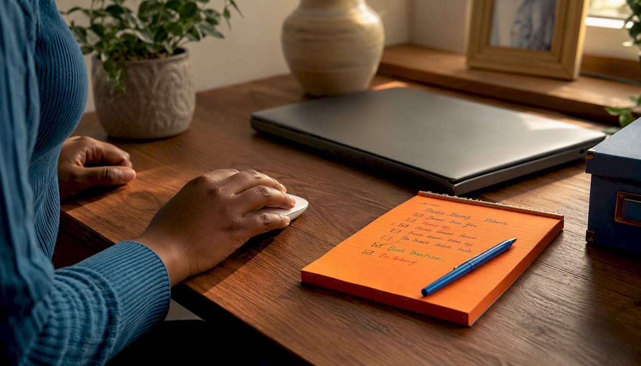 Overhead hands navigating CRM export process checklist
