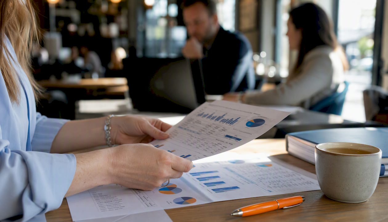 Hands typing beside segmented CRM data sheets in office