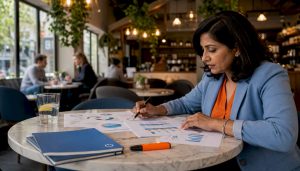 Businesswoman reviewing customer lifecycle charts