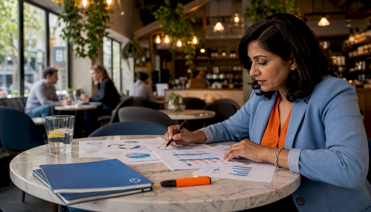 Businesswoman reviewing customer lifecycle charts