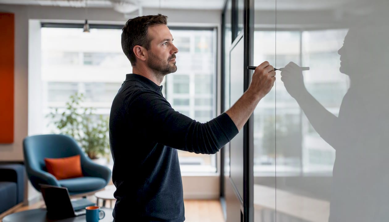 Business owner writing CRM checklist on whiteboard