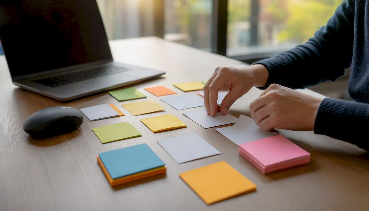 Hands sorting CRM data audit cards on desk