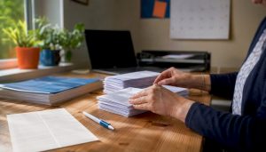 Hands folding envelopes for charity donors