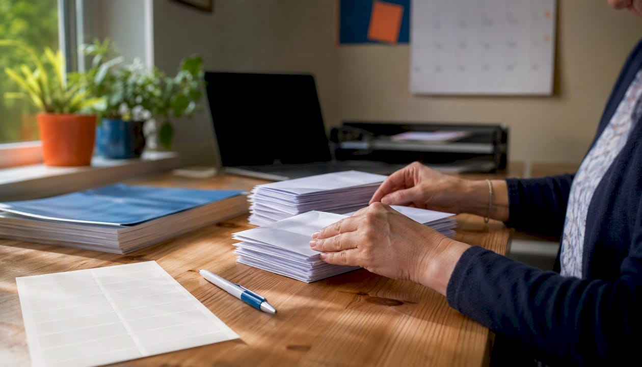 Hands folding envelopes for charity donors