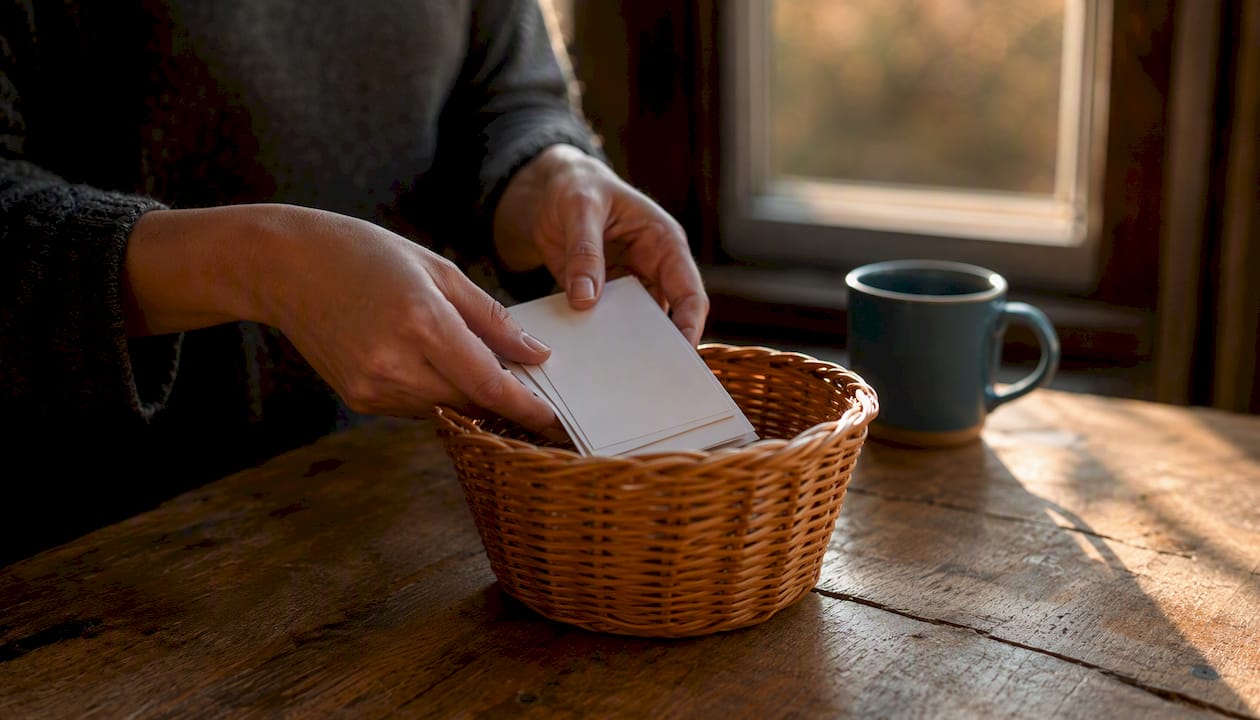Hands placing donation receipt cards in box