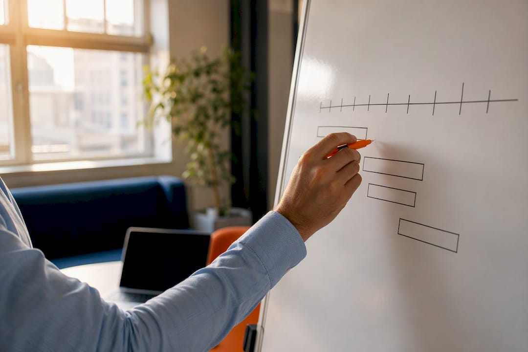 Hand about to draw timeline on whiteboard