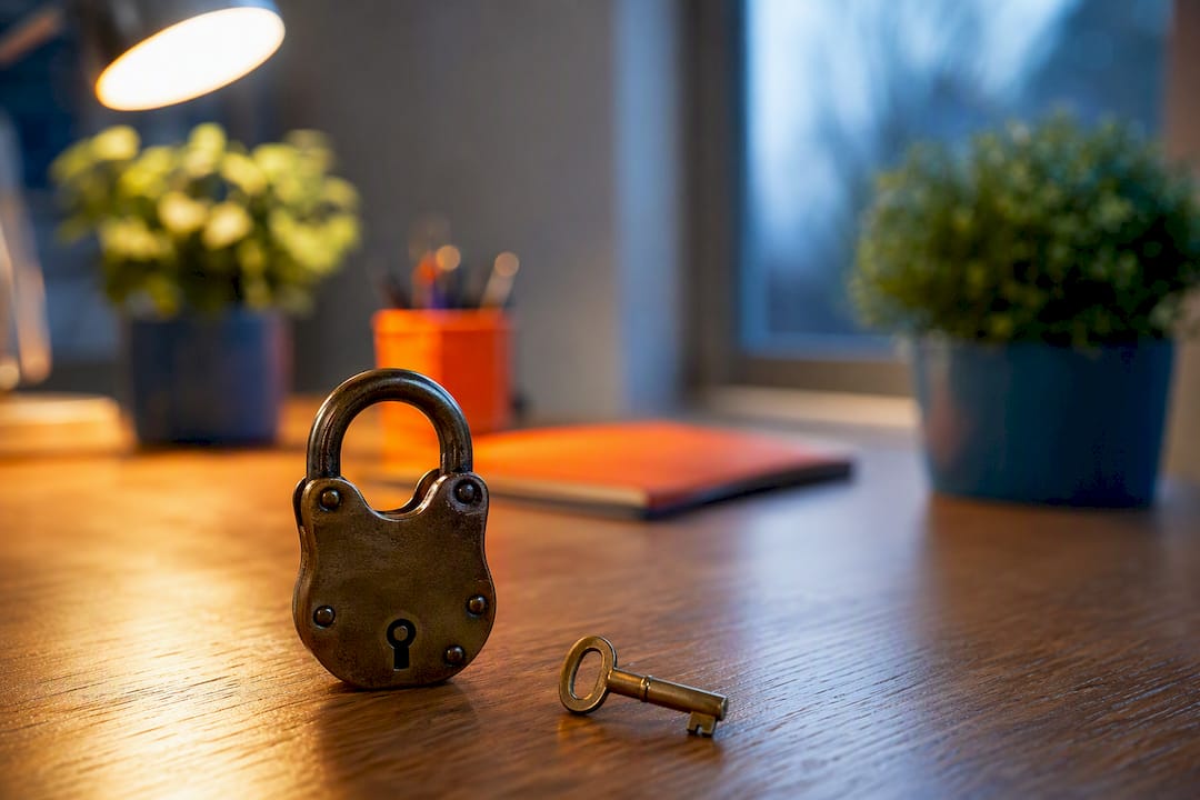 Padlock and key on desk symbolizing security