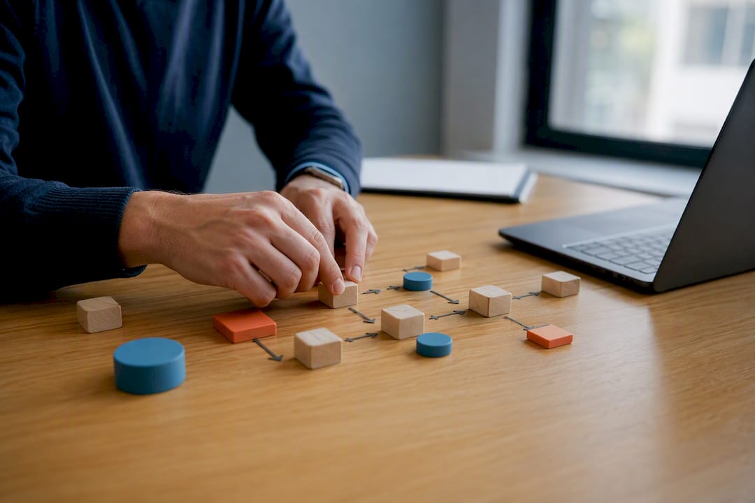 Hands arranging workflow step objects on desk