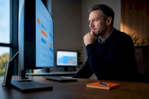 Consultant auditing CRM migration data