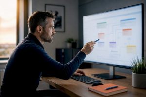 Consultant reviewing CRM database relationships