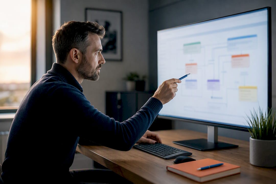 Consultant reviewing CRM database relationships